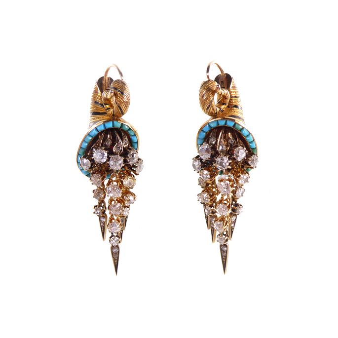 Pair of diamond, turquoise and gold cornucopia en pampilles earrings | MasterArt